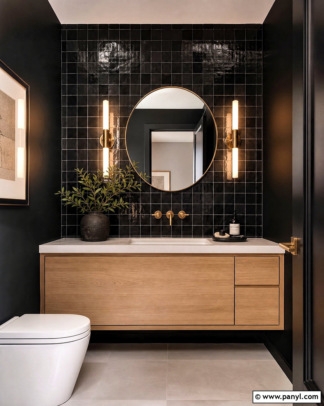 Black Tile Half Bathroom With Oak Vanity - 20 dark half bathroom ideas