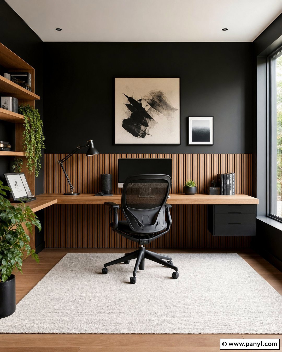 Black Top Half With Natural Oak Slats - 20 Dark Paint Top Half Of Wall Ideas