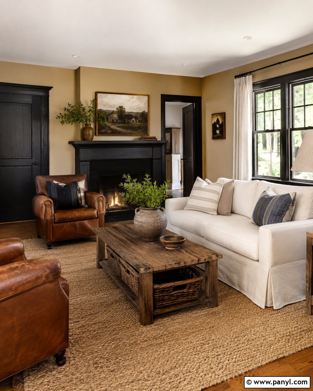 Black Trim Tan Walls Farmhouse Living Room - 20 Black Trim Tan Walls
