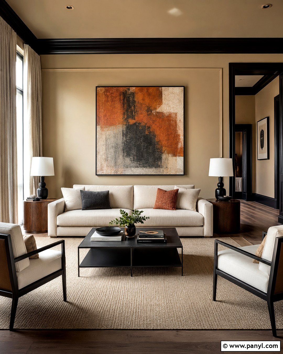 Black Trim Tan Walls Modern Living Room - 20 Black Trim Tan Walls