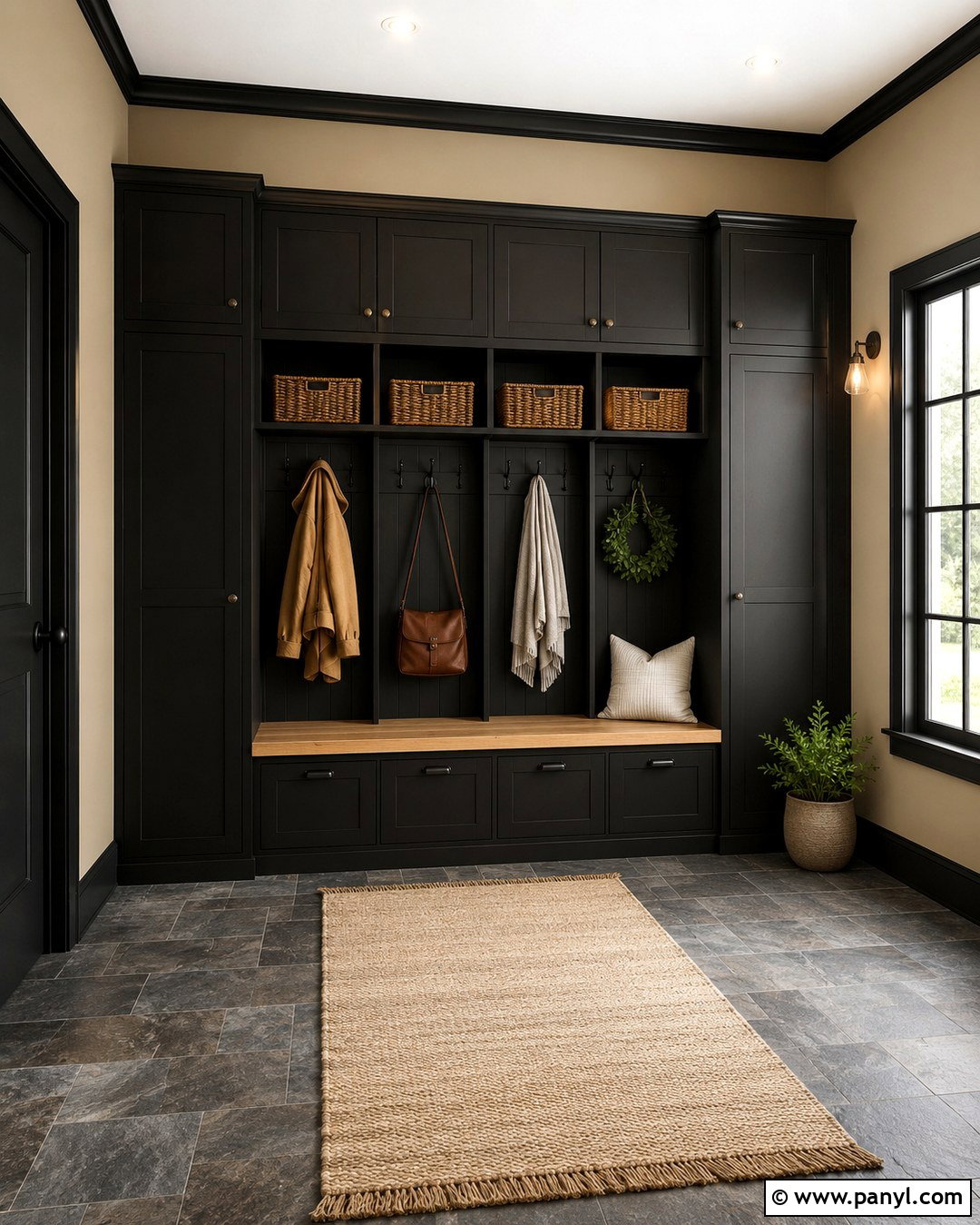 Black Trim Tan Walls Mudroom - 20 Black Trim Tan Walls