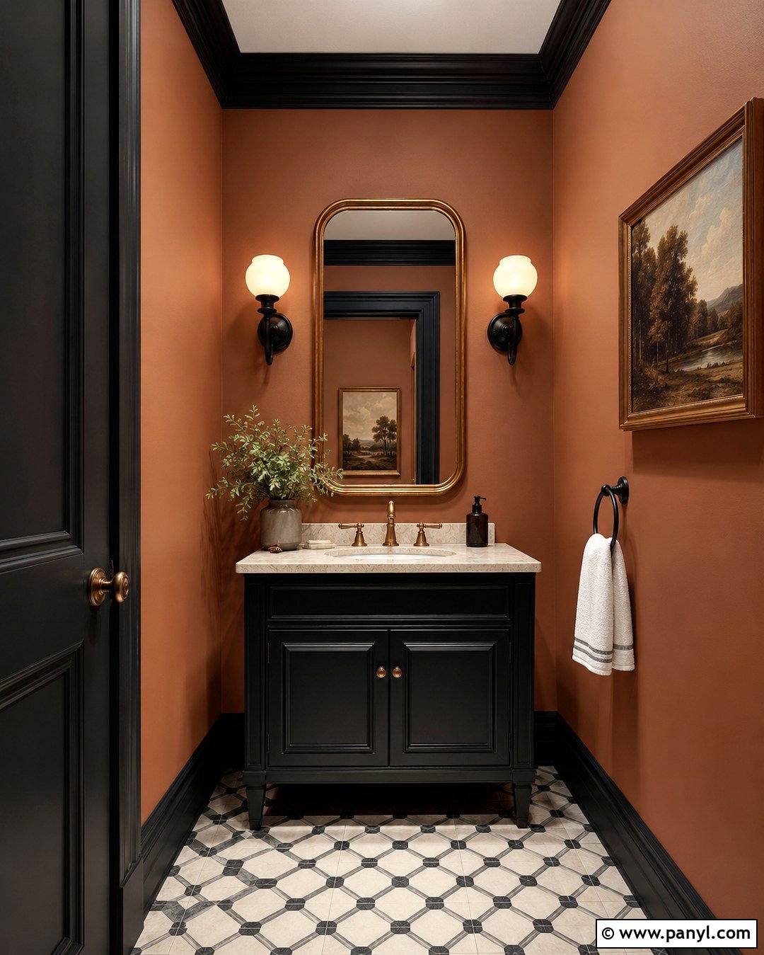 Black Trim Tan Walls Powder Room - 20 Black Trim Tan Walls