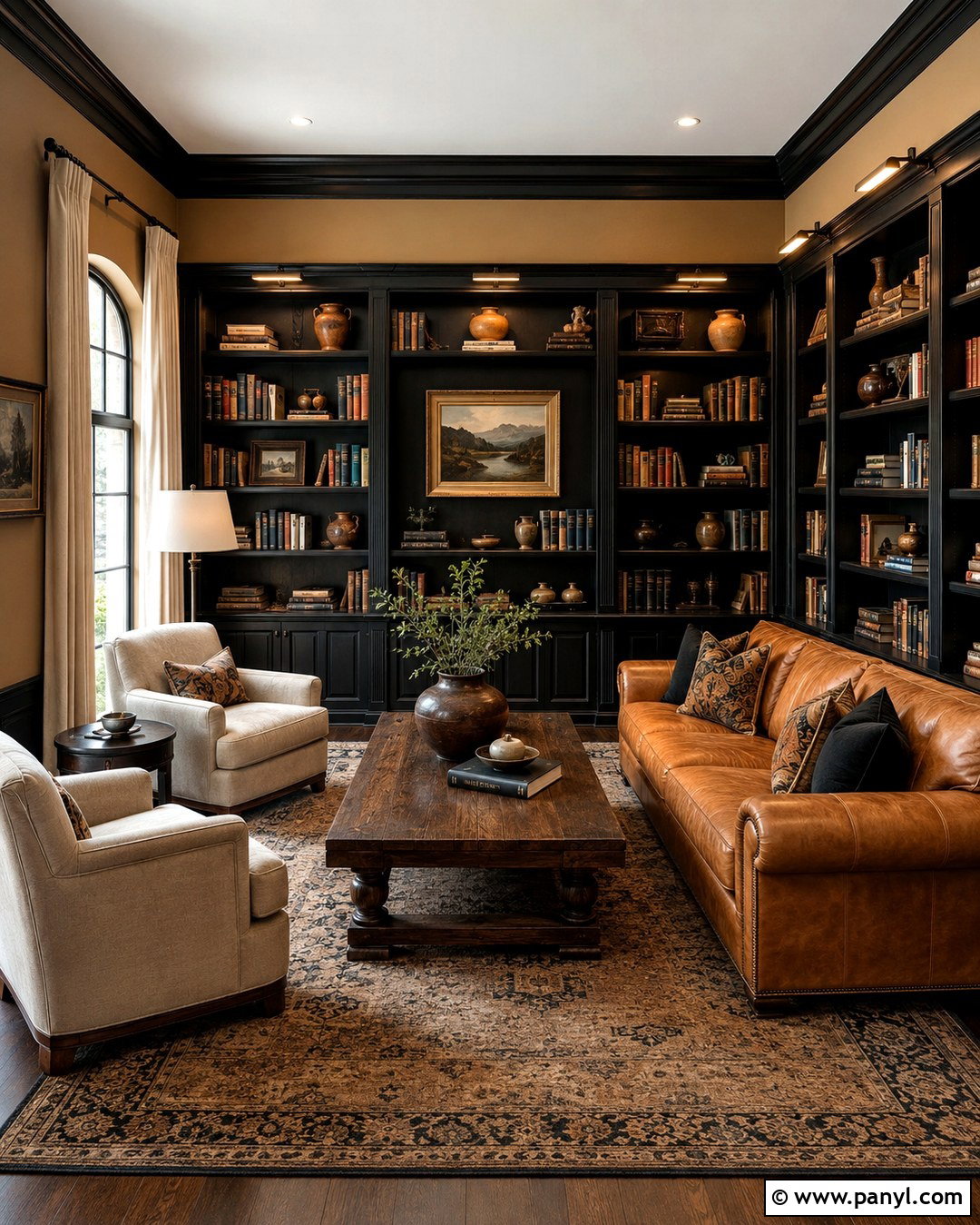 Black Trim Tan Walls Traditional Library - 20 Black Trim Tan Walls
