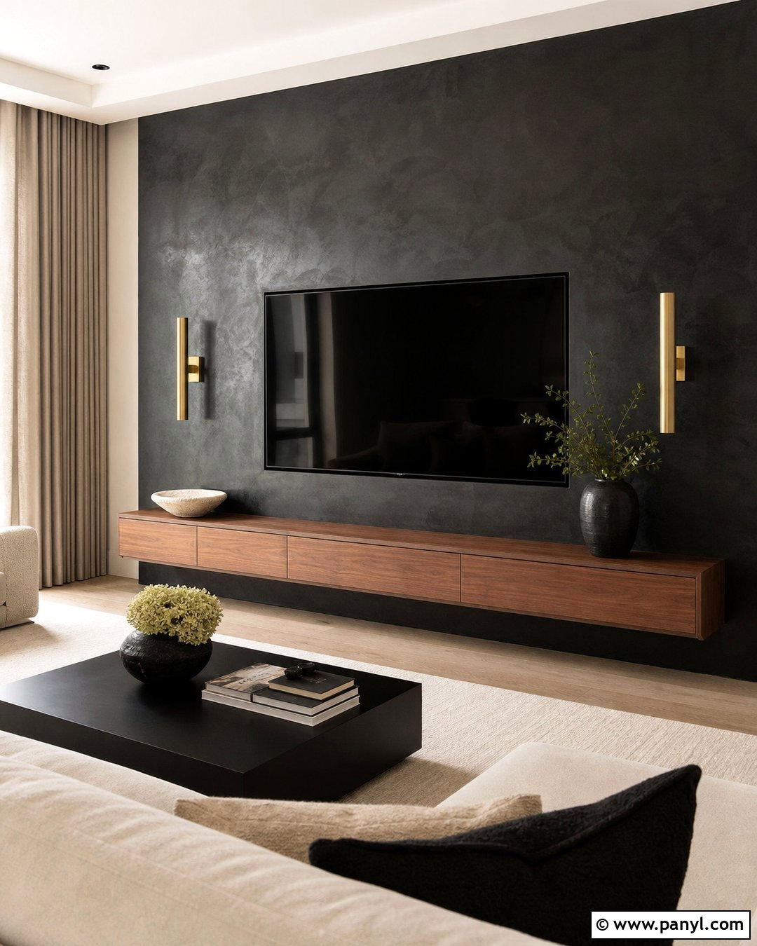 Black Venetian Plaster TV Wall - 35 Black Wall Behind Tv Ideas