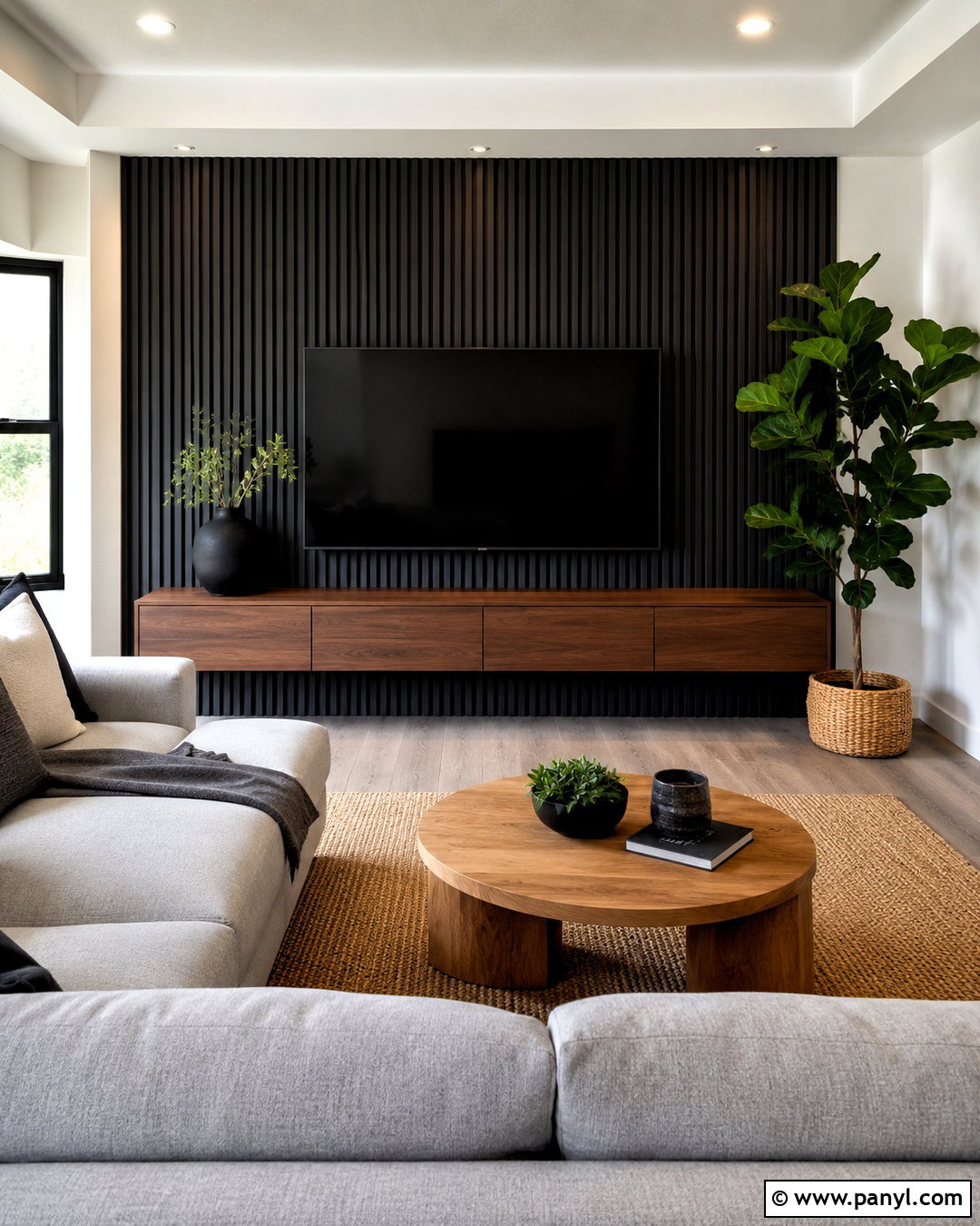 Black Vertical Slat TV Wall - 20 black wall paneling ideas