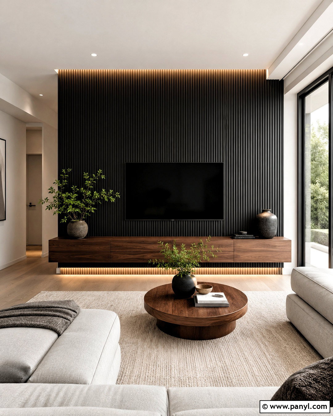 Black Vertical Slat TV Wall - 20 black textured wall ideas