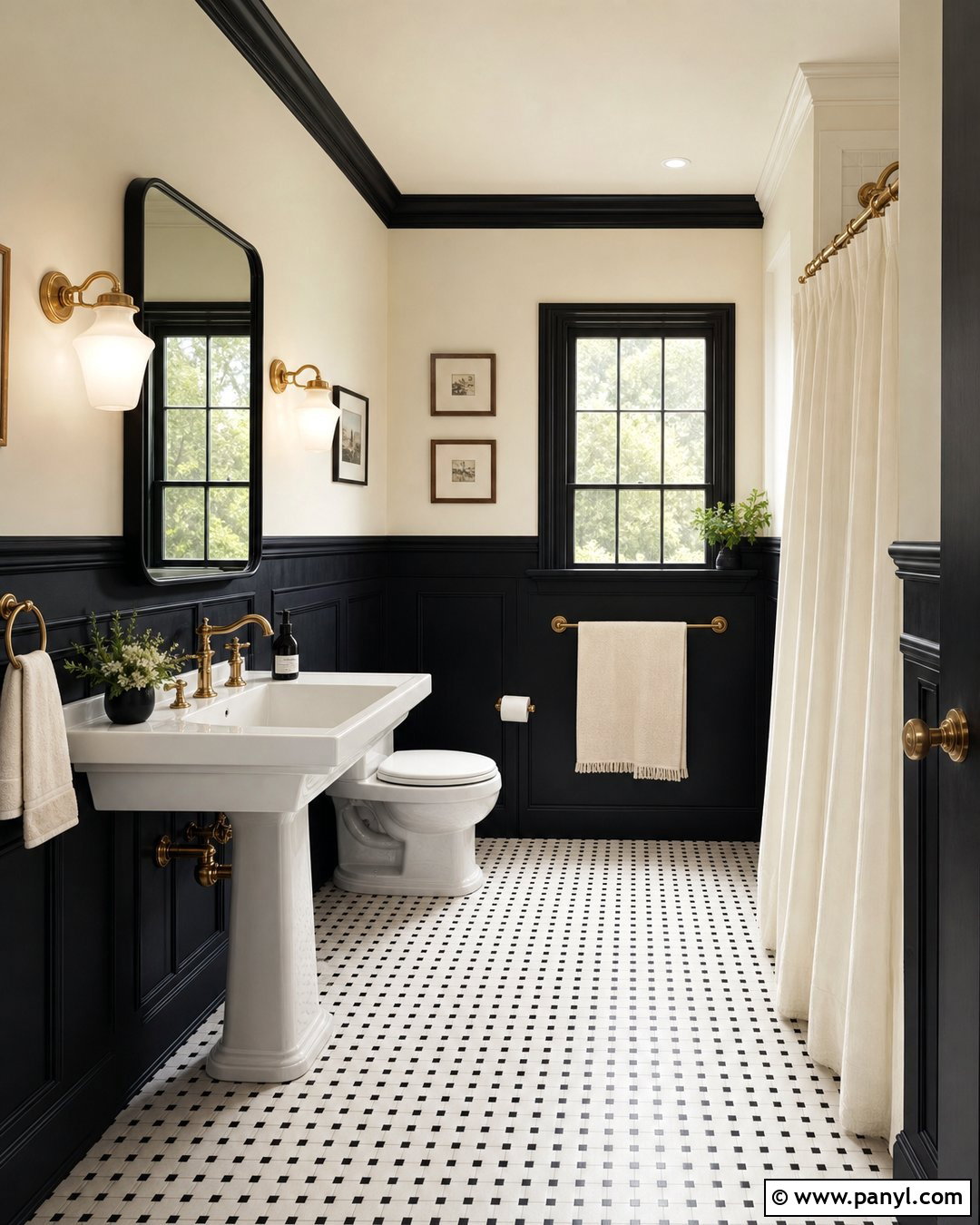 Black Wainscoting And Warm White Bathroom Walls - 30 Two Toned Bathroom Walls