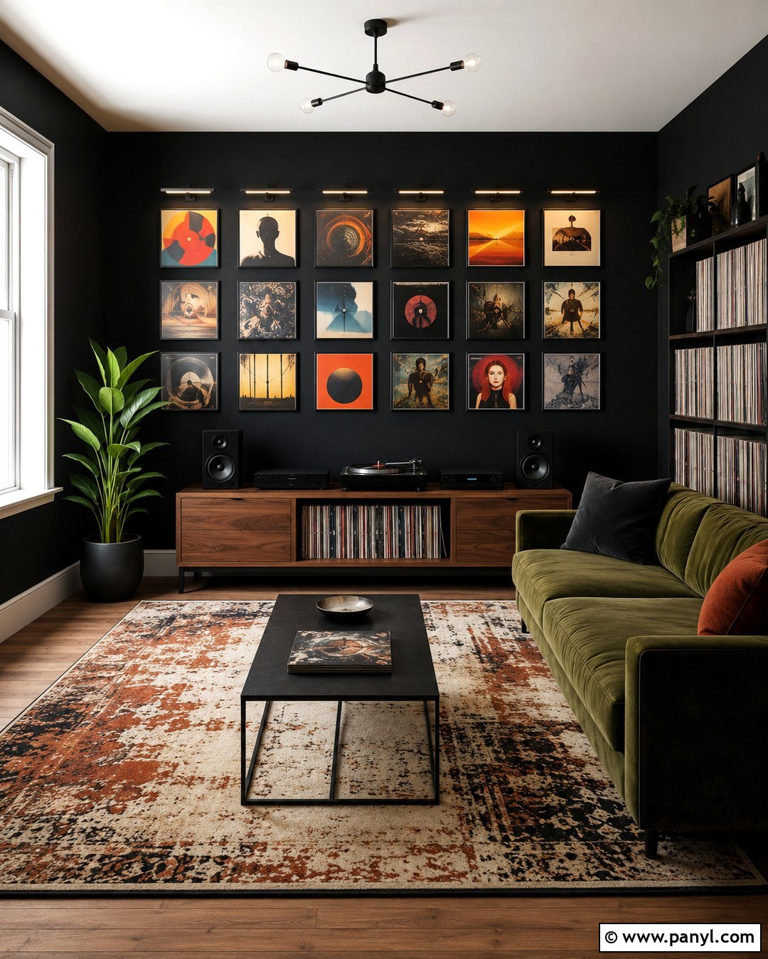 Black Wall Album Cover Gallery Room - 20 Black Wall Music Room Ideas