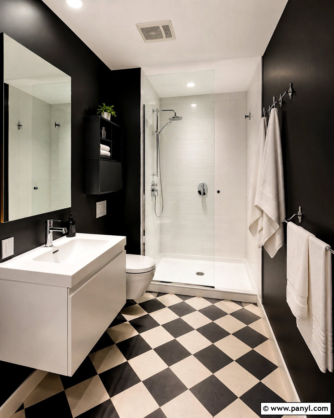 Black Wall And Checkerboard Floor - 20 black wall bathroom small spaces