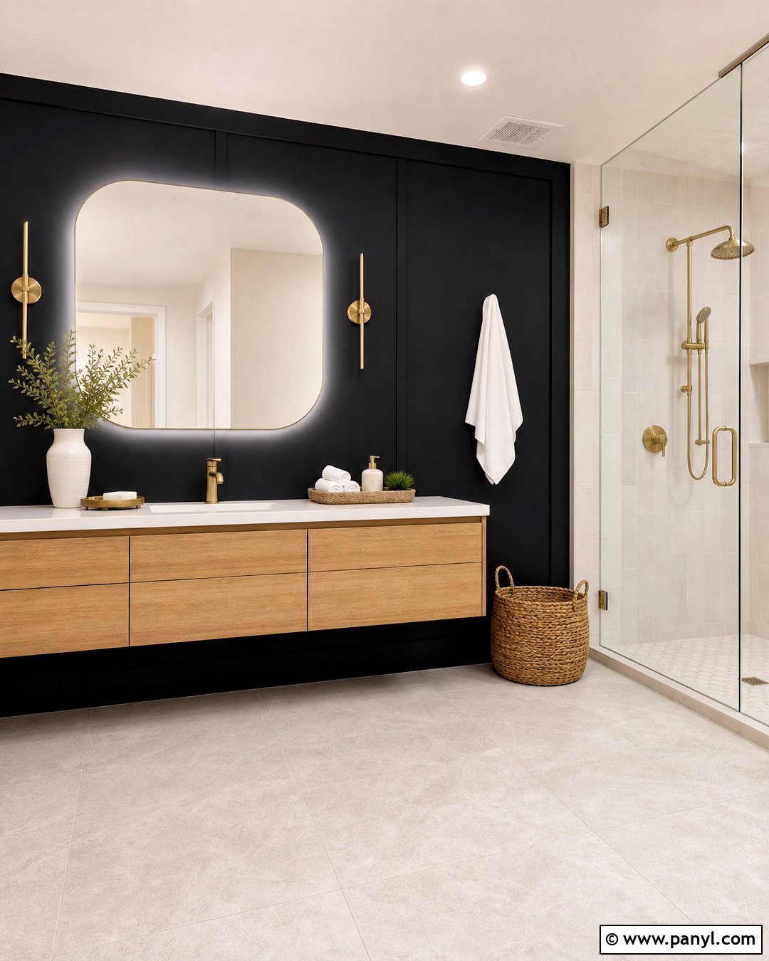 Black Wall Bathroom With Wood Vanity - 20 black wall with wood accents