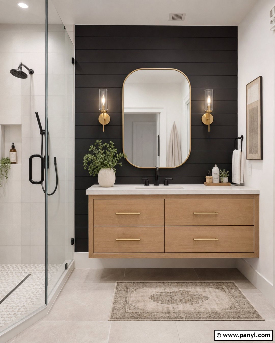 Black Wall Bathroom With Wood Vanity - 25 Room With One Black Wall Ideas
