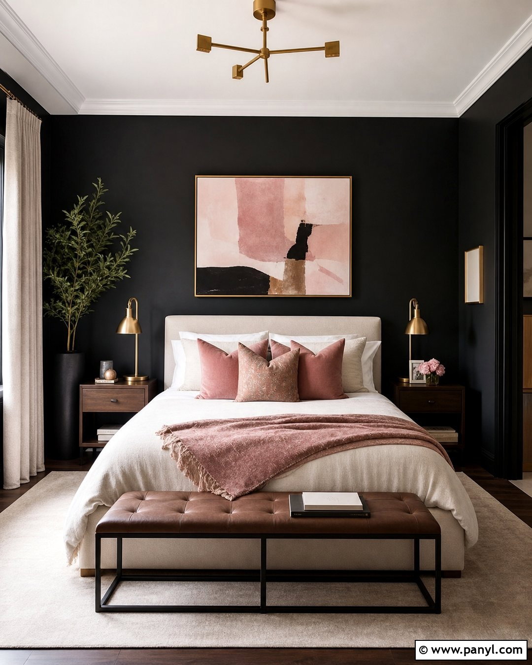 Black Wall Bedroom With Pink Accents - 30 Black Wall Interior Ideas