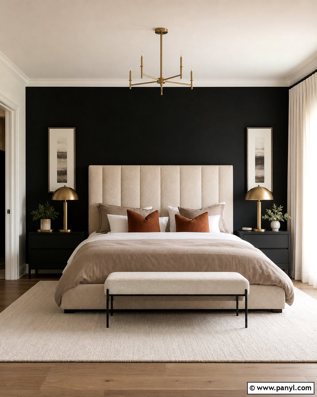 Black Wall Bedroom With Upholstered Headboard - 25 Room With One Black Wall Ideas