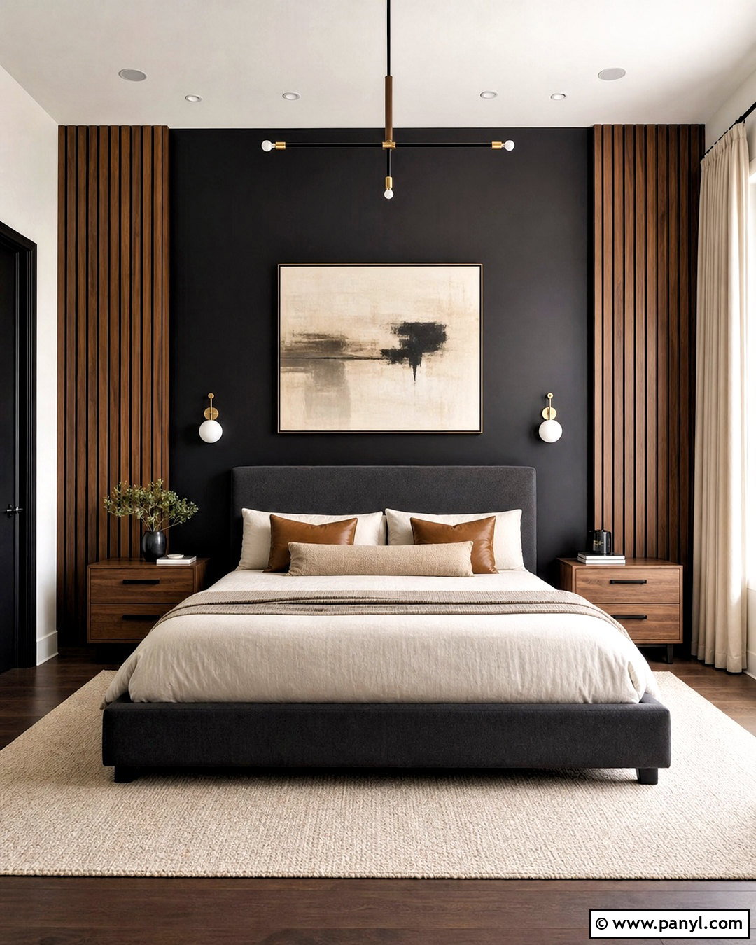 Black Wall Bedroom With Vertical Wood Panels - 20 black wall with wood accents