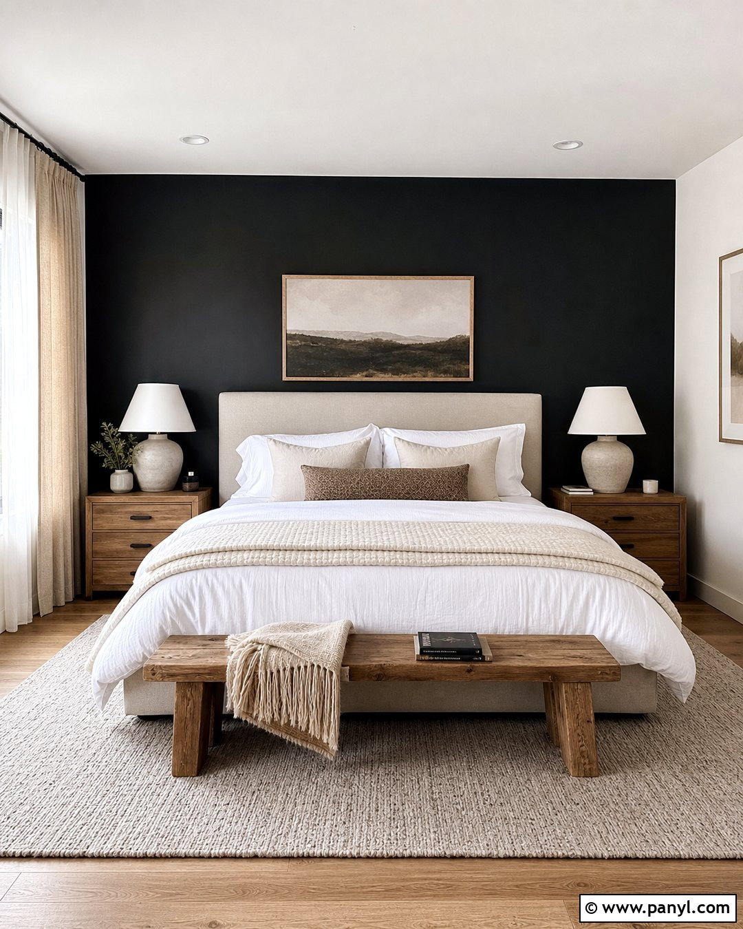 Black Wall Bedroom With White Bedding - 25 Room With One Black Wall Ideas