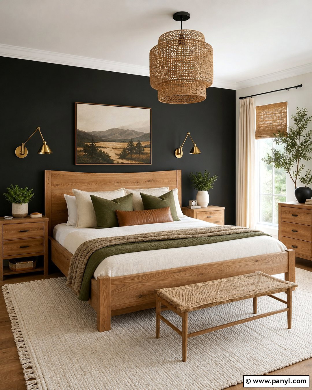 Black Wall Bedroom With Wood Bed - 25 Room With One Black Wall Ideas