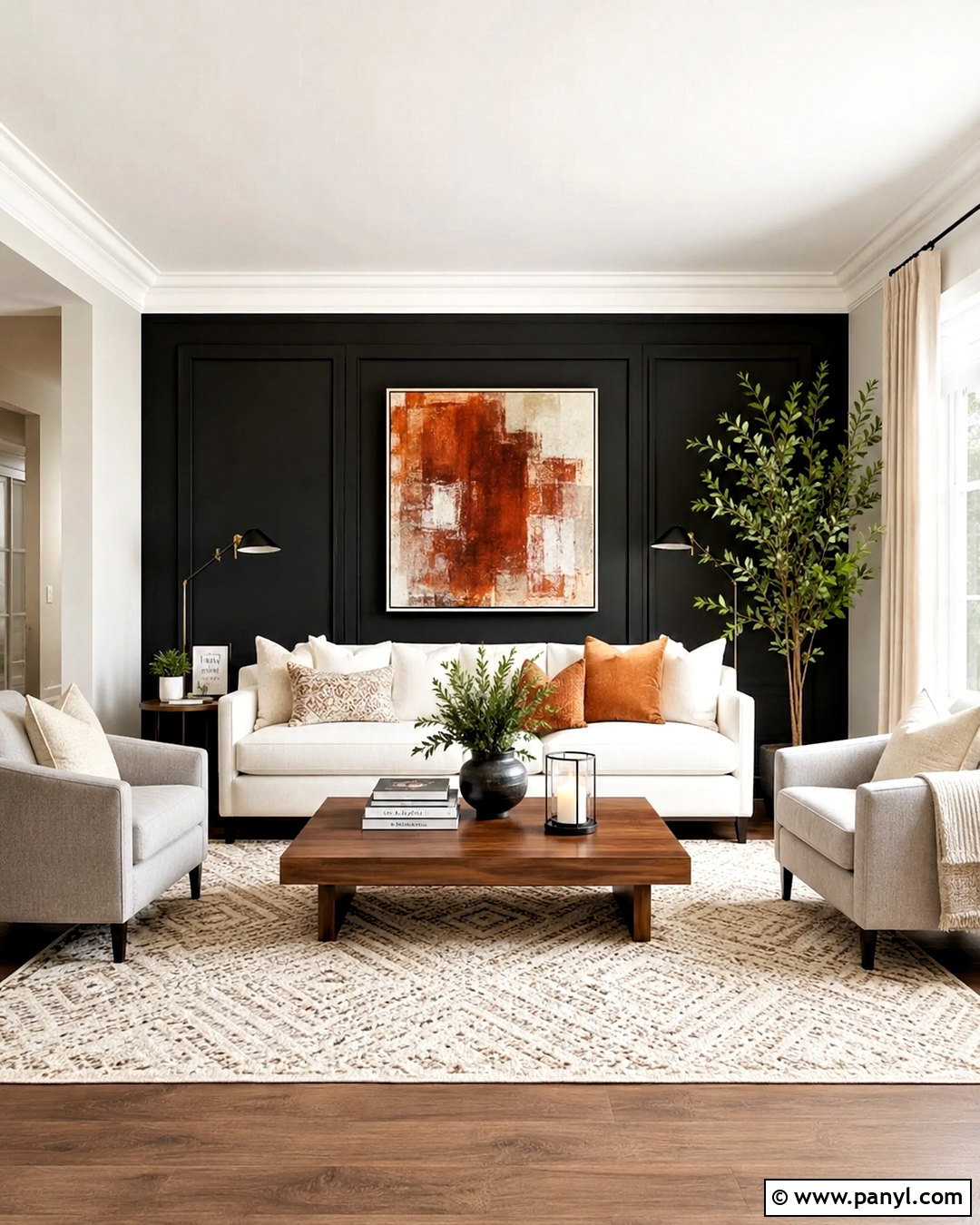 Black Wall Behind White Sofa - 20 White Room With One Black Wall Ideas