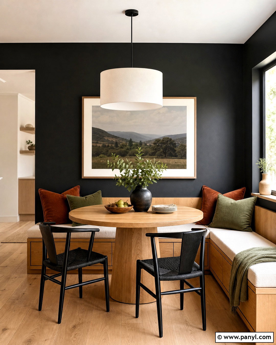 Black Wall Breakfast Nook With Wood Bench - 20 black wall with wood accents