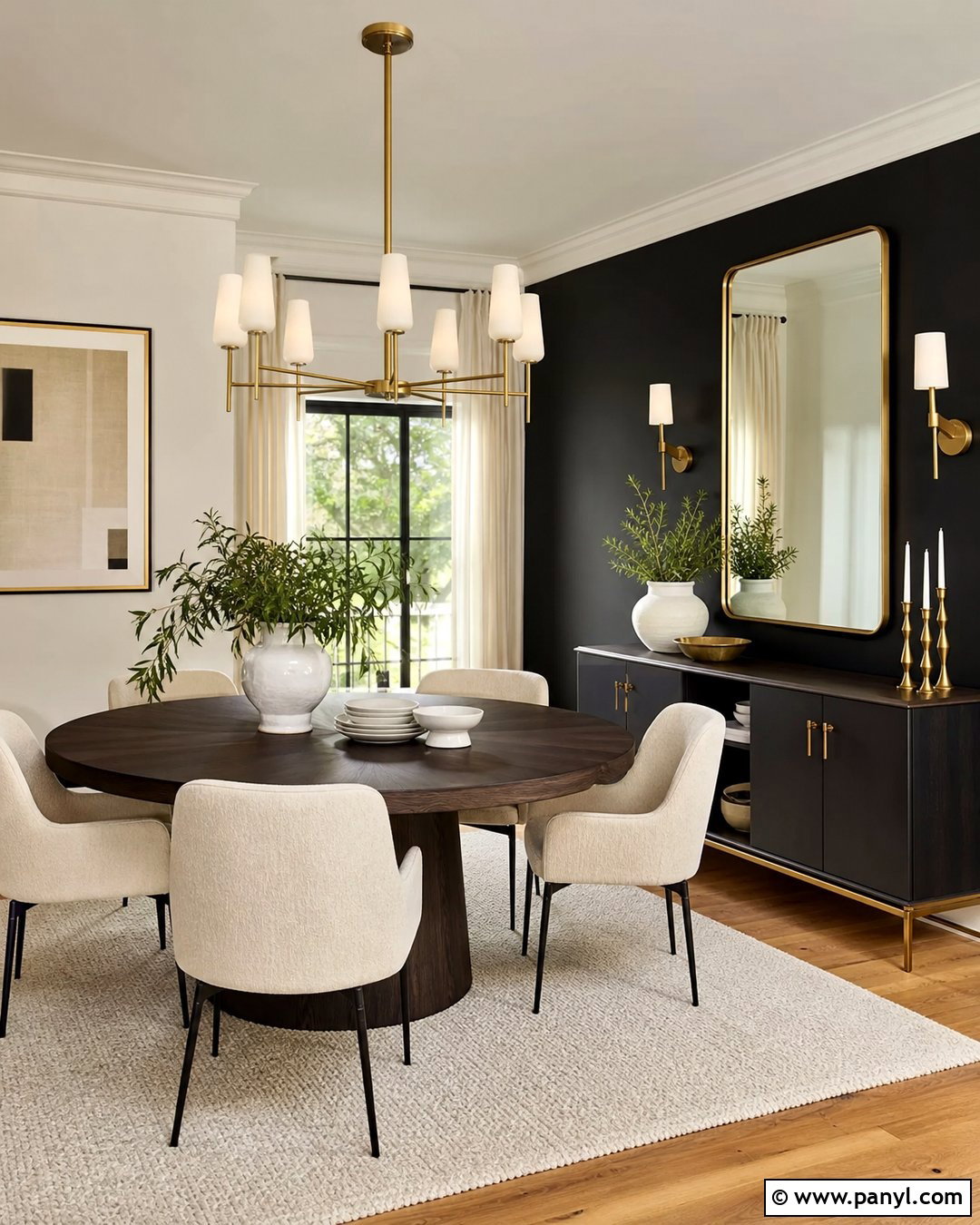 Black Wall Dining Room With Brass Accents - 25 Room With One Black Wall Ideas