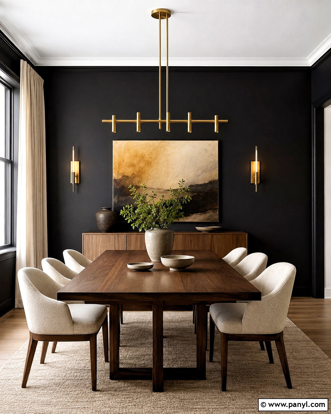 Black Wall Dining Room With Brass Lighting - 20 black wall aesthetic ideas