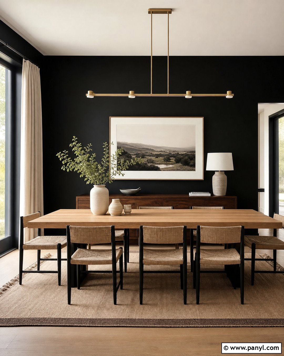 Black Wall Dining Room With Wood Table - 30 Black Wall Interior Ideas