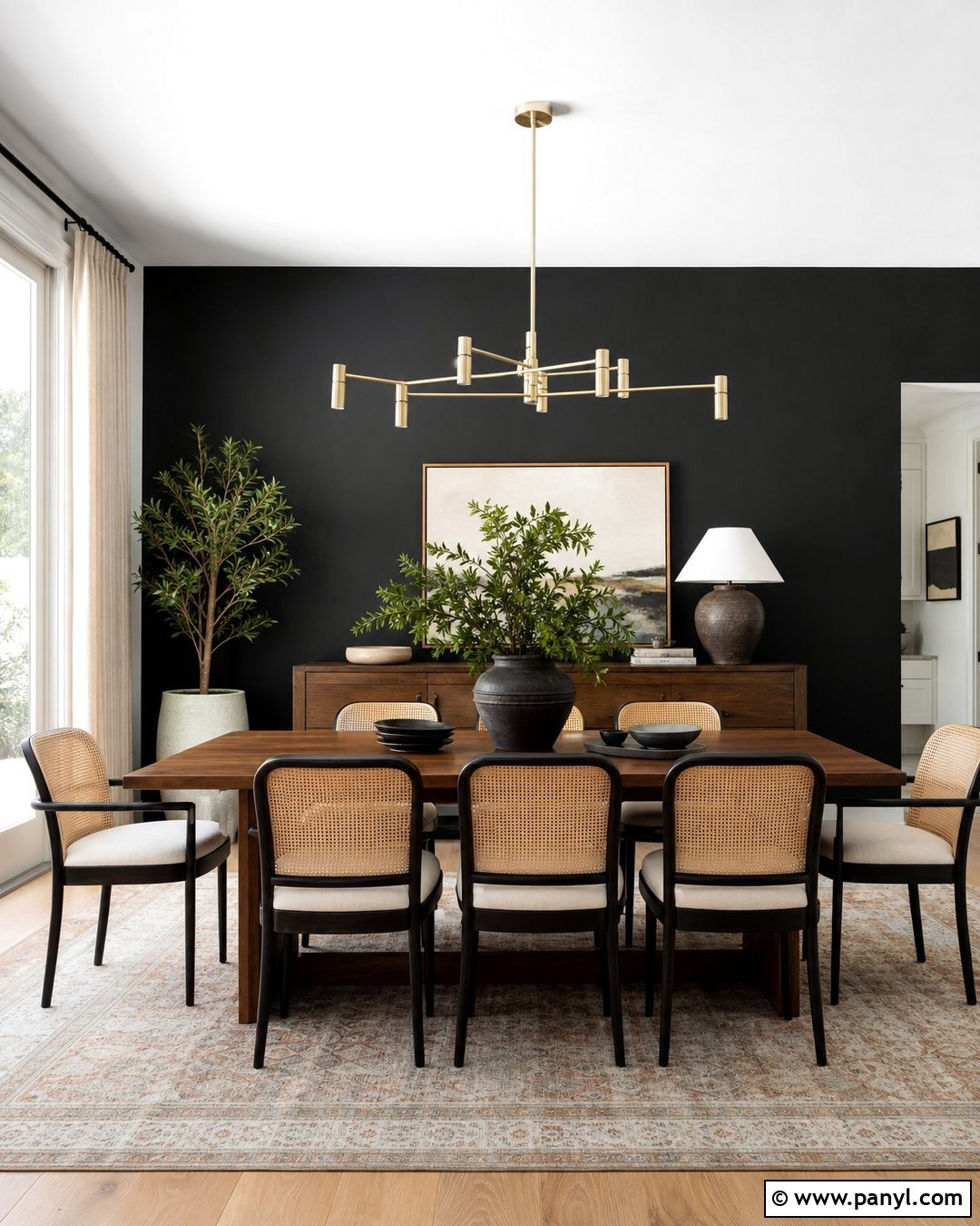 Black Wall Dining Room With Wood Table - 25 Room With One Black Wall Ideas