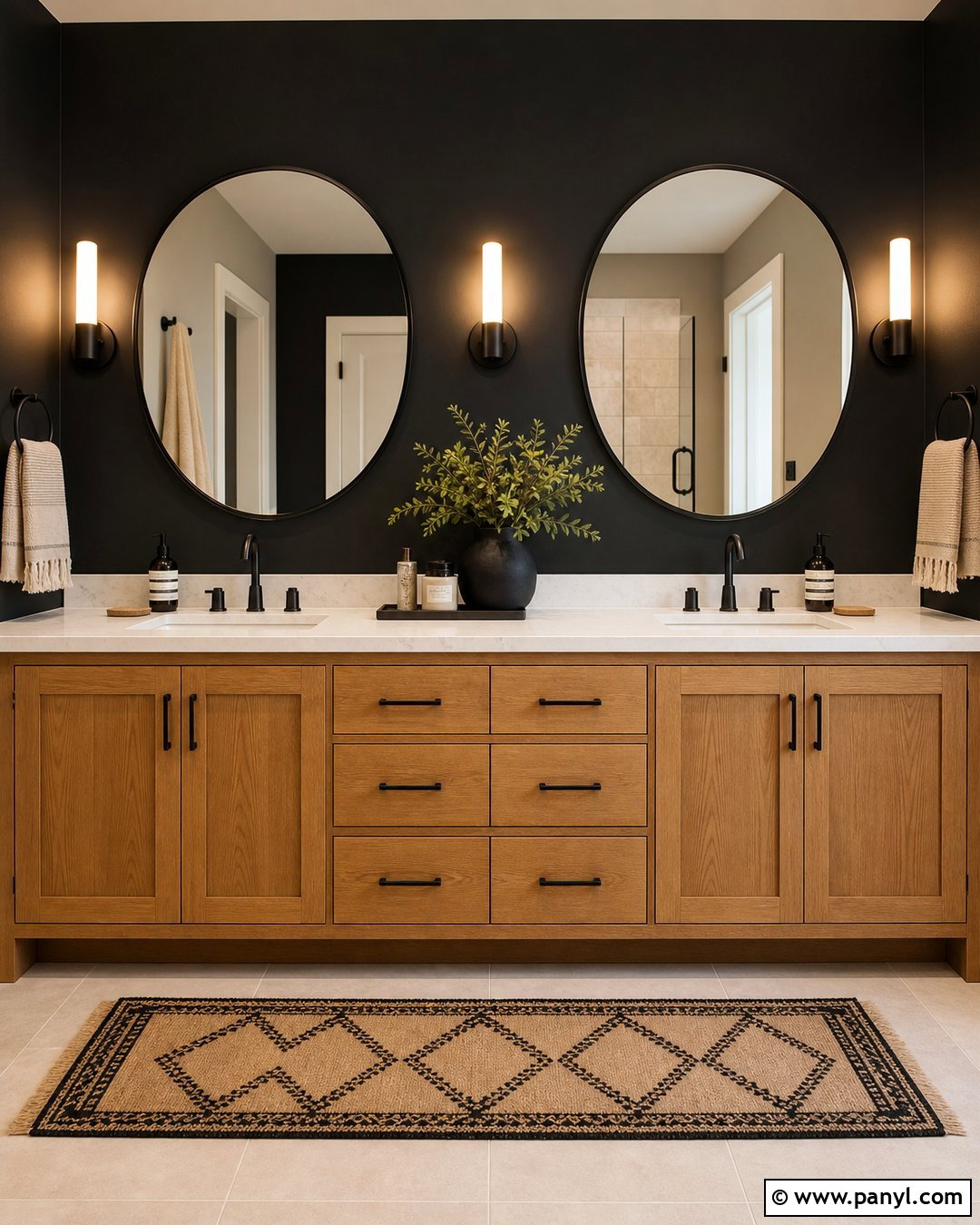 Black Wall Double Vanity With Round Mirrors - 20 Modern Bathroom Vanity With Black Wall Ideas