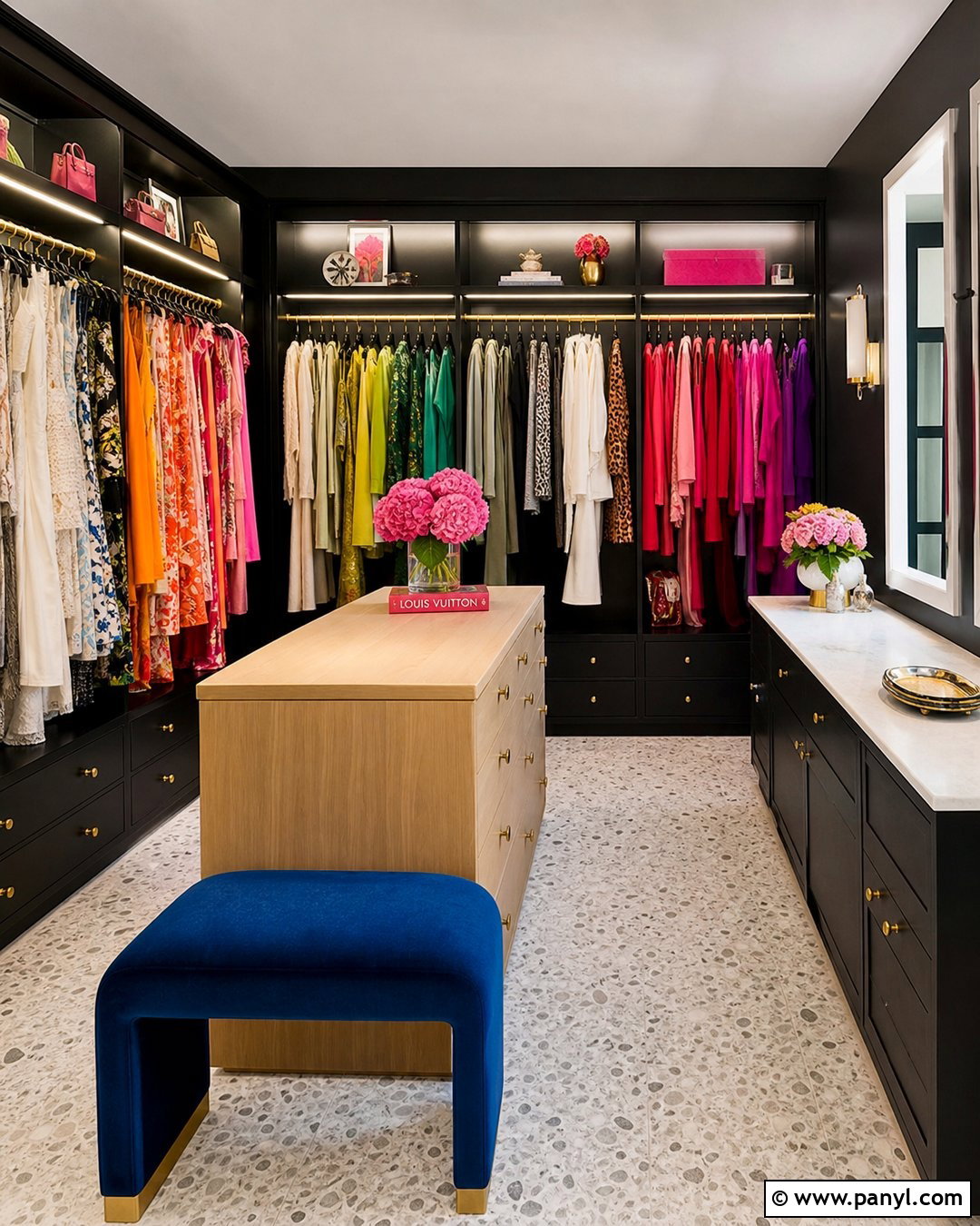 Black Wall Dressing Room With Colorful Clothing Display - 20 Black Wall Dressing Room Ideas