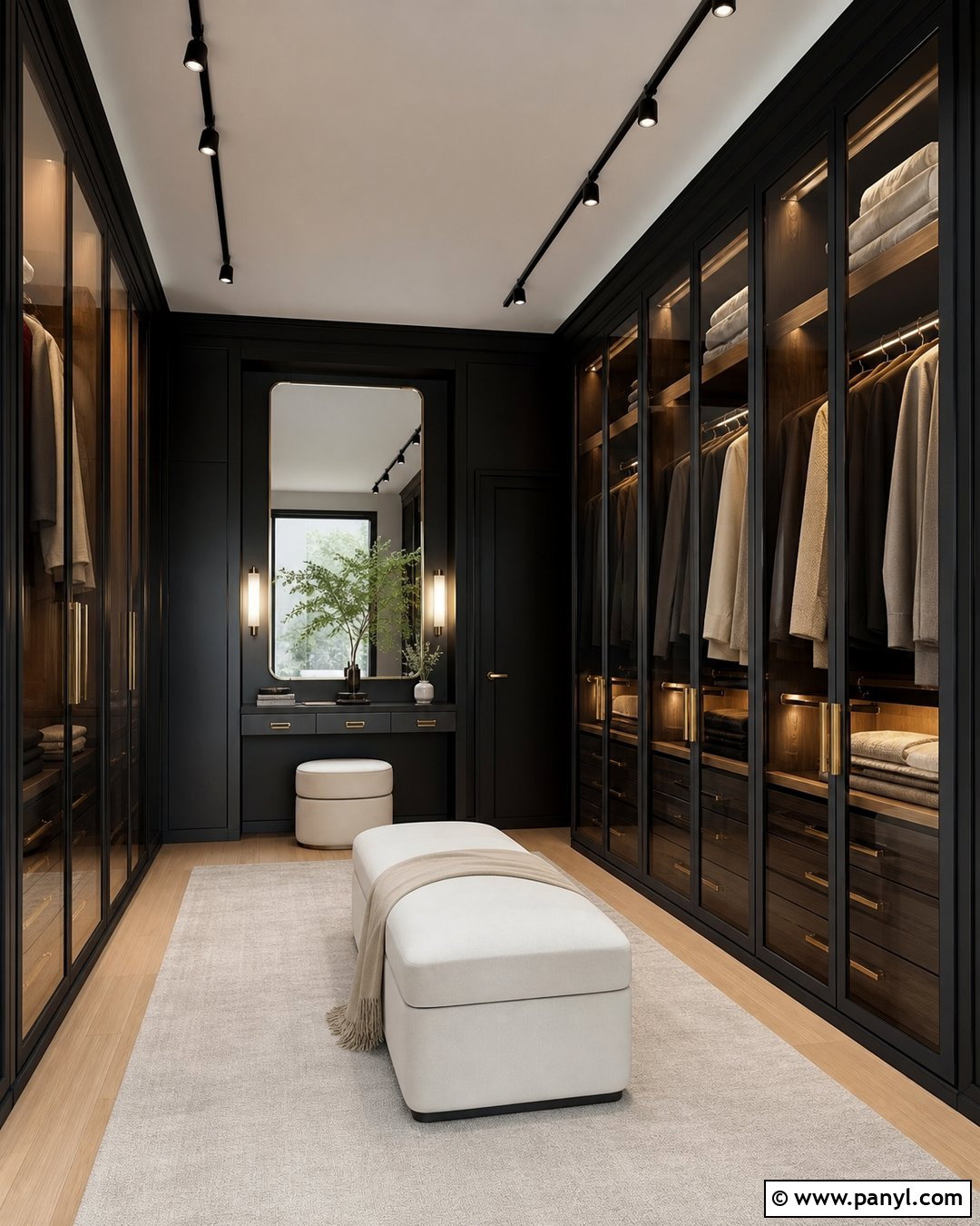 Black Wall Dressing Room With Glass Wardrobes - 20 Black Wall Dressing Room Ideas