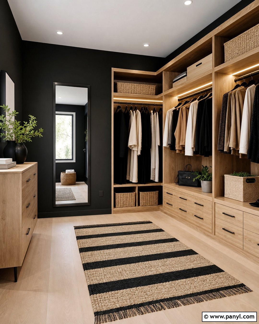 Black Wall Dressing Room With Oak Shelving - 20 Black Wall Dressing Room Ideas