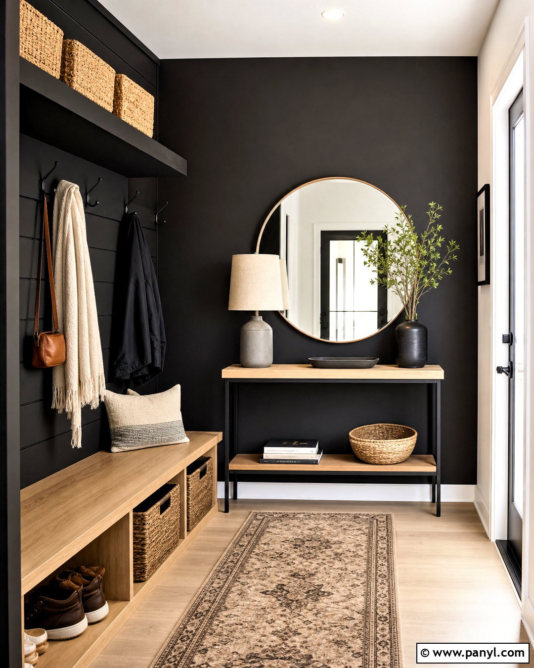Black Wall Entryway With Storage - 20 black wall room ideas
