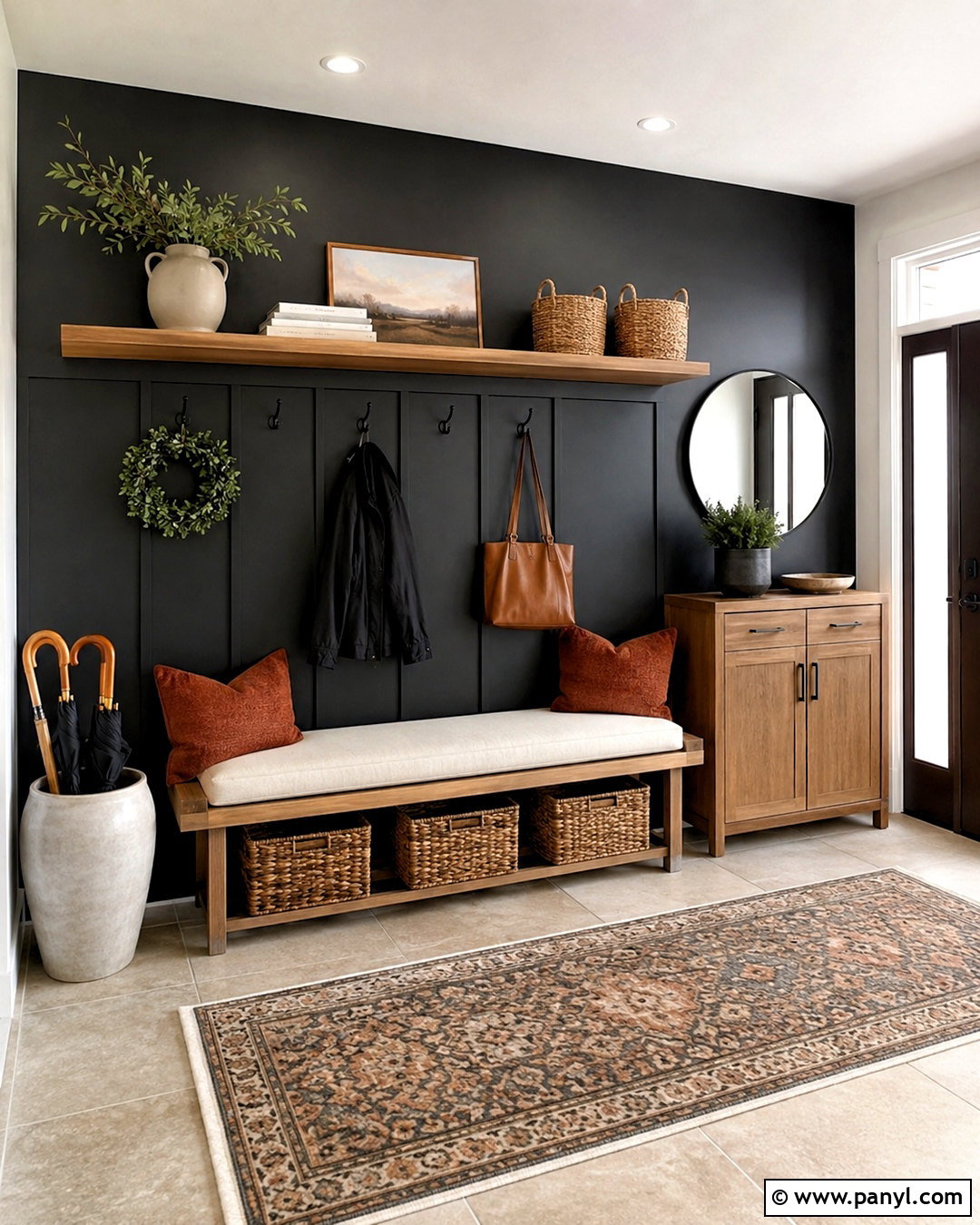 Black Wall Entryway With Wood Bench - 20 black wall ideas