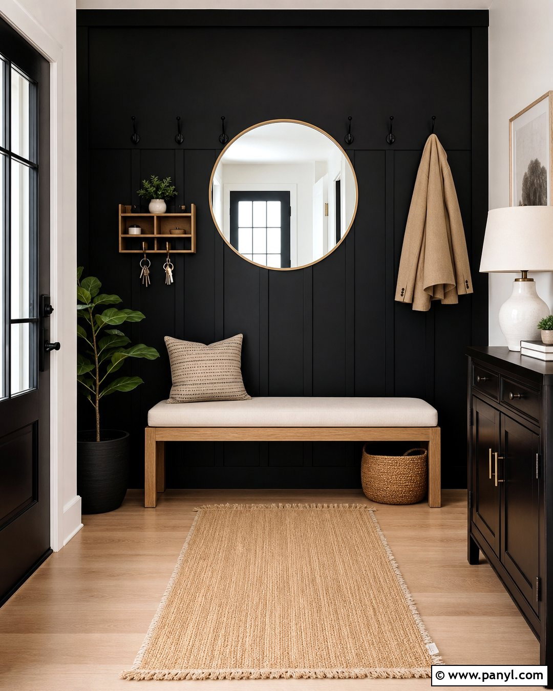 Black Wall Entryway With Wood Bench - 30 Black Wall Interior Ideas