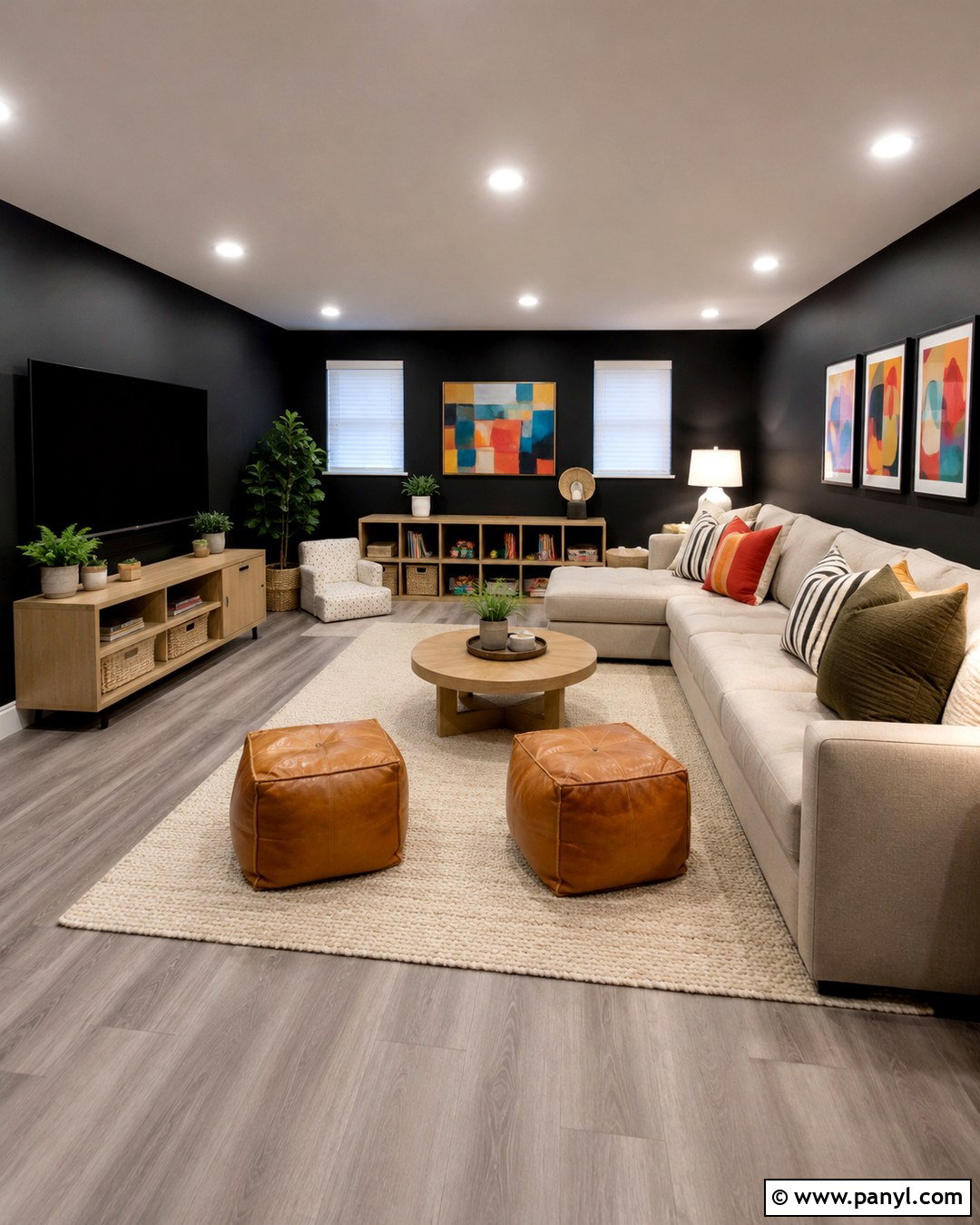 Black Wall Grey Floor Basement Family Room - 20 Black Wall Grey Floor Ideas