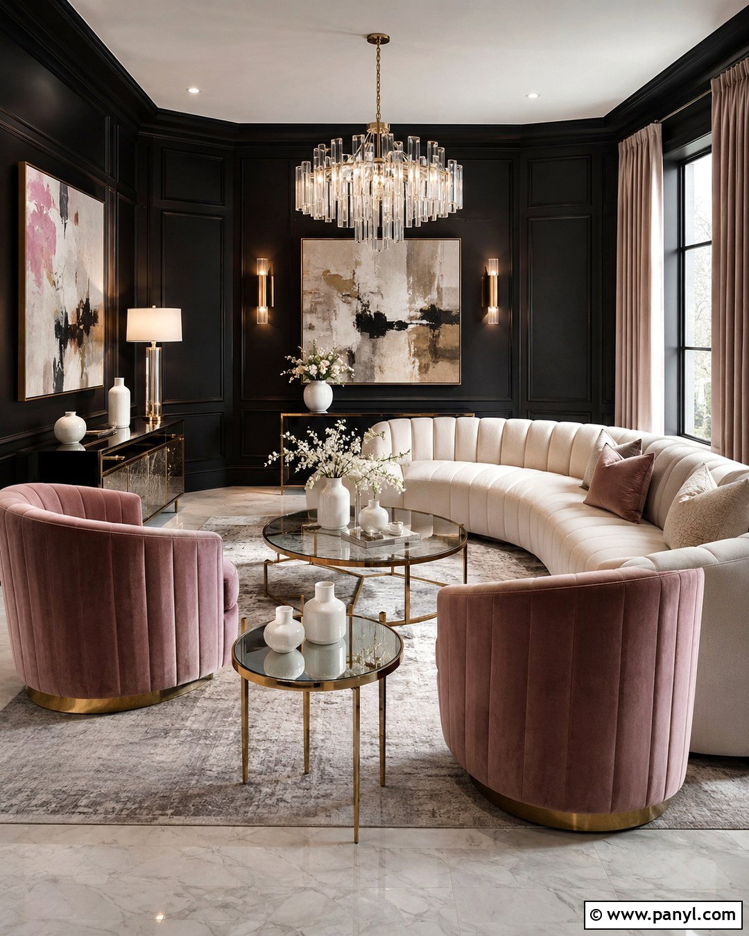Black Wall Grey Floor Glam Living Room - 20 Black Wall Grey Floor Ideas