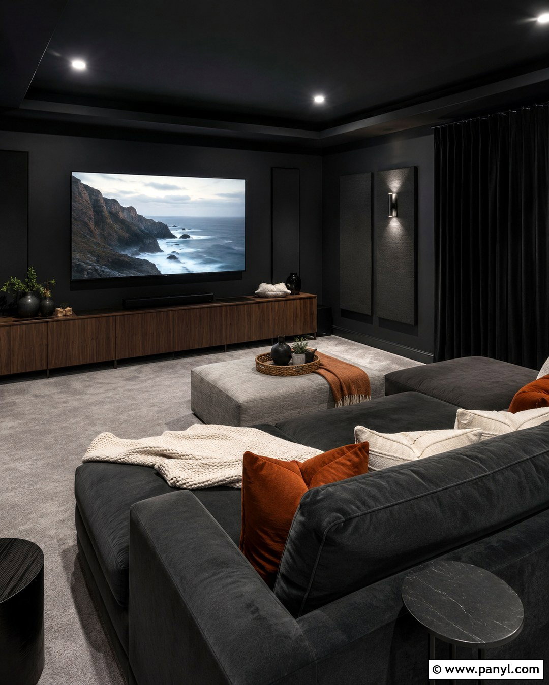 Black Wall Grey Floor Media Room - 20 Black Wall Grey Floor Ideas