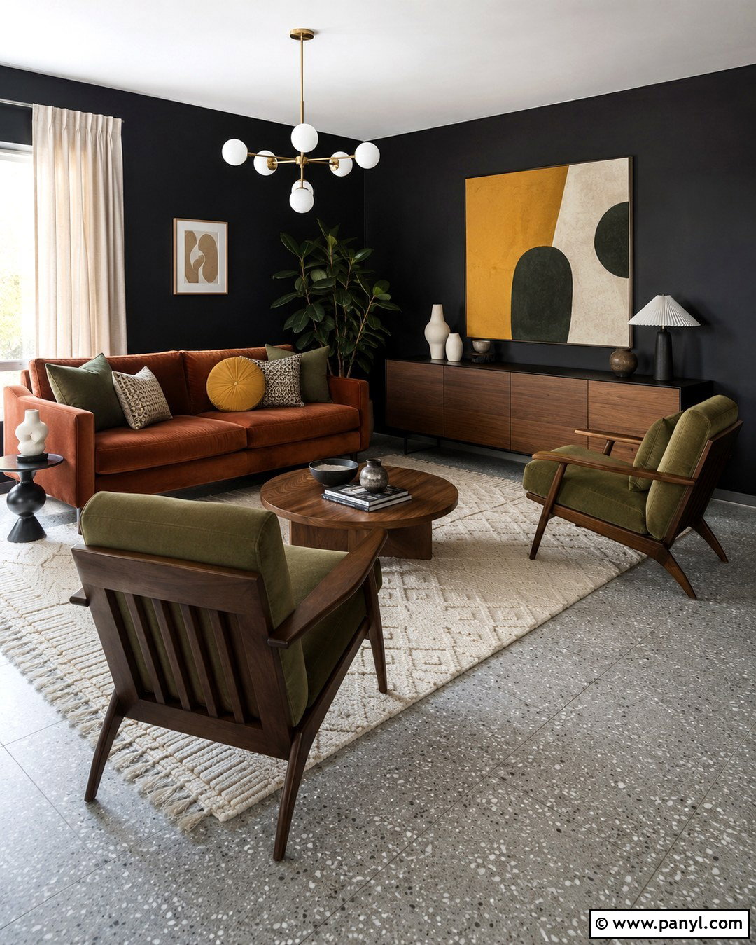 Black Wall Grey Floor Midcentury Room - 20 Black Wall Grey Floor Ideas
