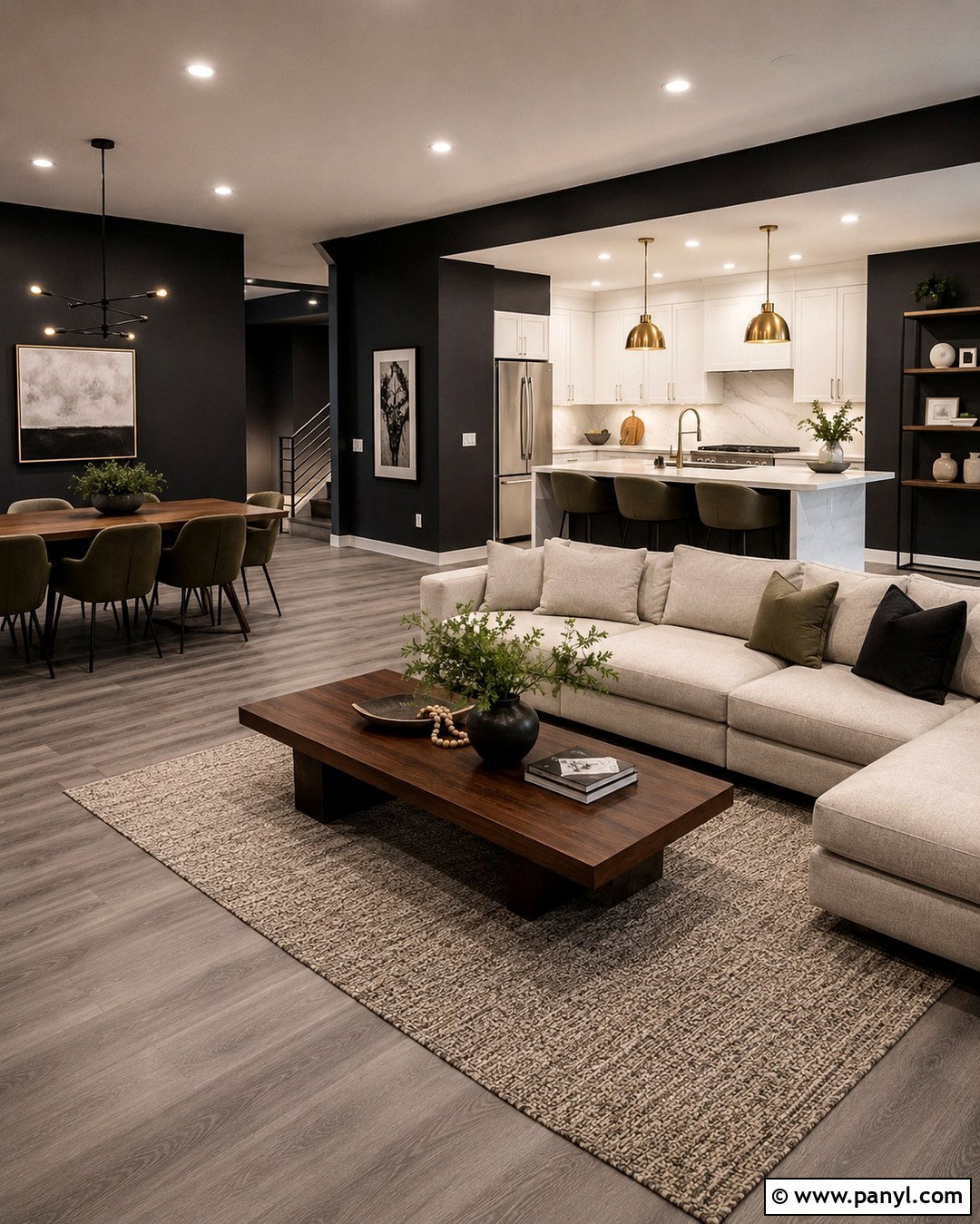 Black Wall Grey Floor Open Concept Room - 20 Black Wall Grey Floor Ideas