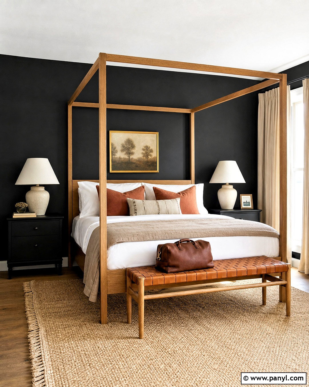 Black Wall Guest Room With Wood Canopy Bed - 20 black wall with wood accents