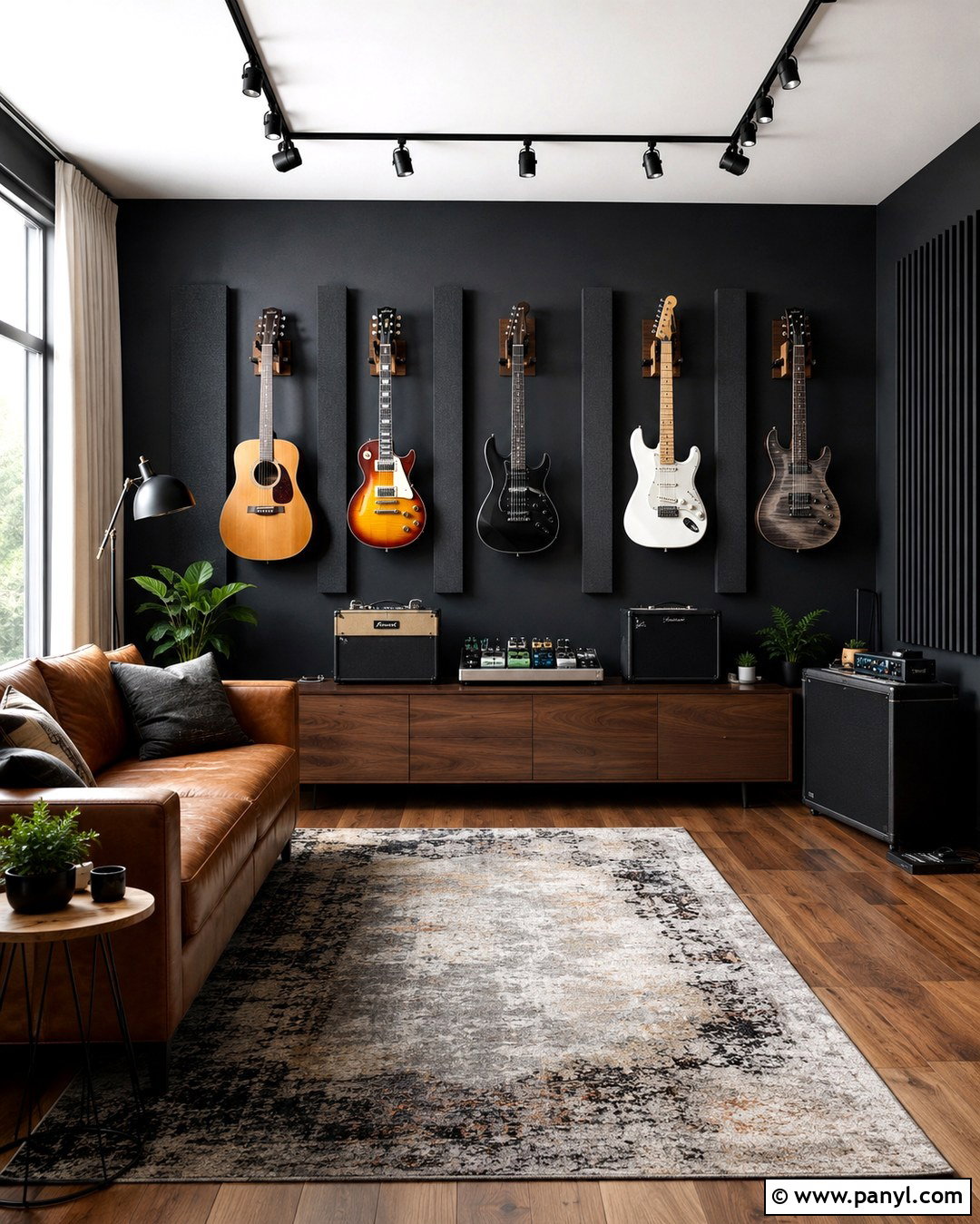 Black Wall Guitar Music Room - 20 Black Wall Music Room Ideas