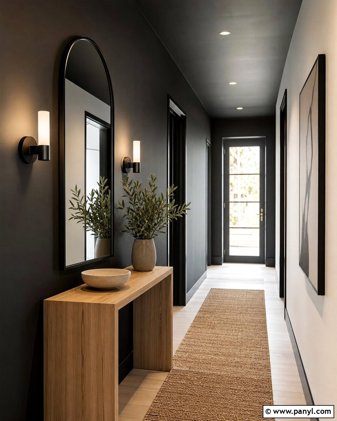 Black Wall Hallway With Large Mirror - 30 Black Wall Interior Ideas
