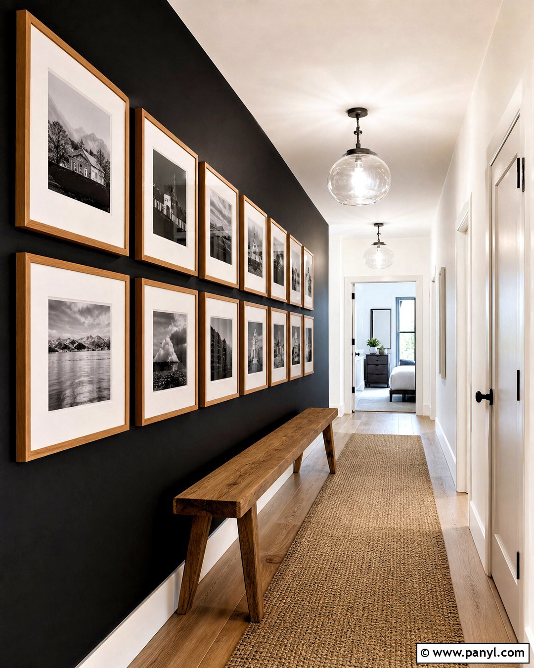 Black Wall Hallway With Wood Gallery Frames - 20 black wall with wood accents