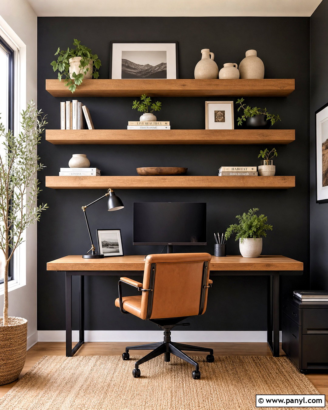Black Wall Home Office With Floating Shelves - 20 black wall with wood accents