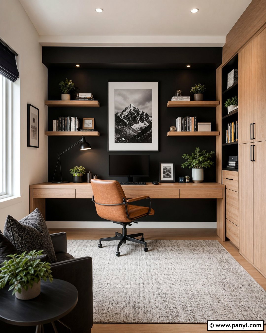 Black Wall Home Office With Oak Desk - 30 Black Wall Interior Ideas