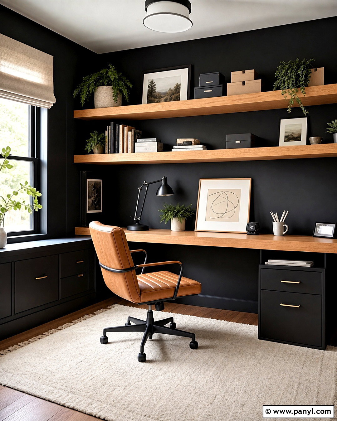 Black Wall Home Office With Oak Shelves - 20 black wall room ideas