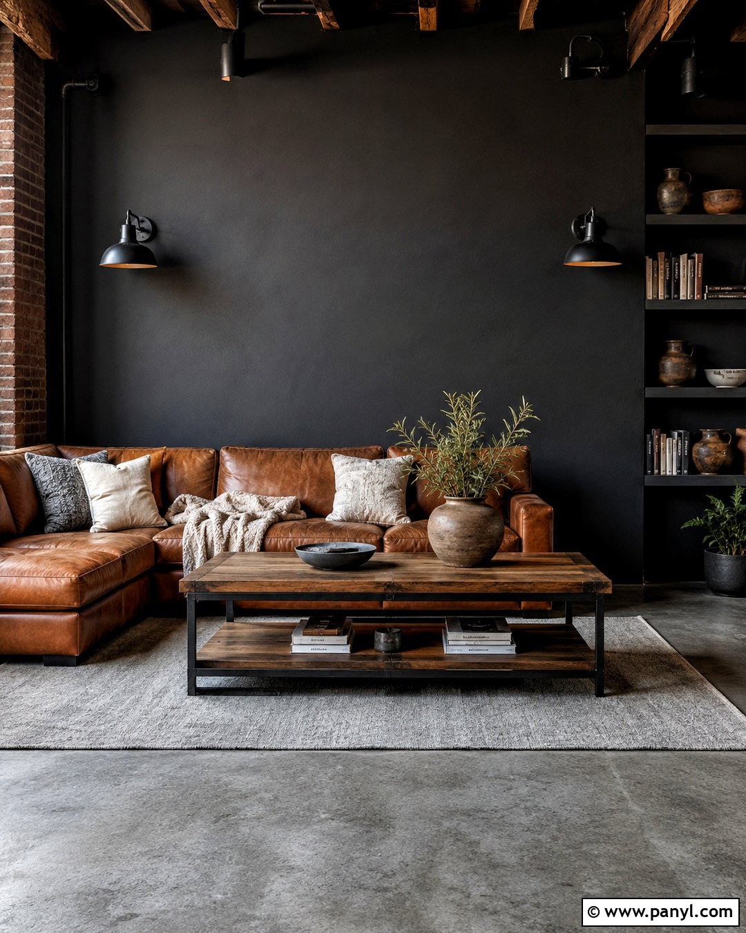 Black Wall Industrial Living Room - 20 black wall aesthetic ideas