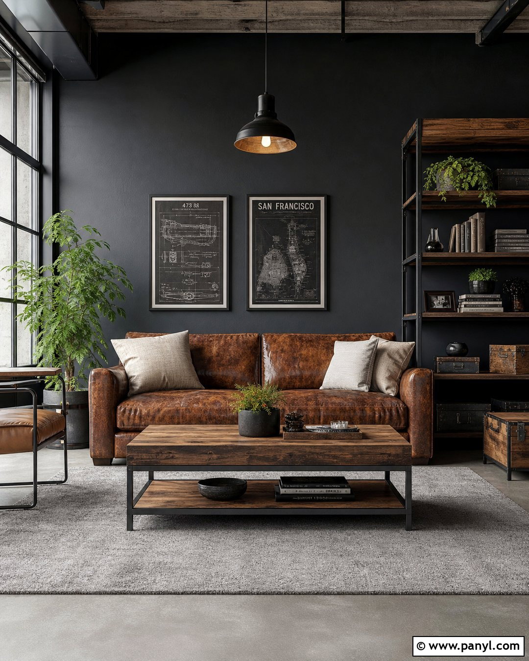 Black Wall Industrial Living Room - 30 Black Wall Paint Ideas