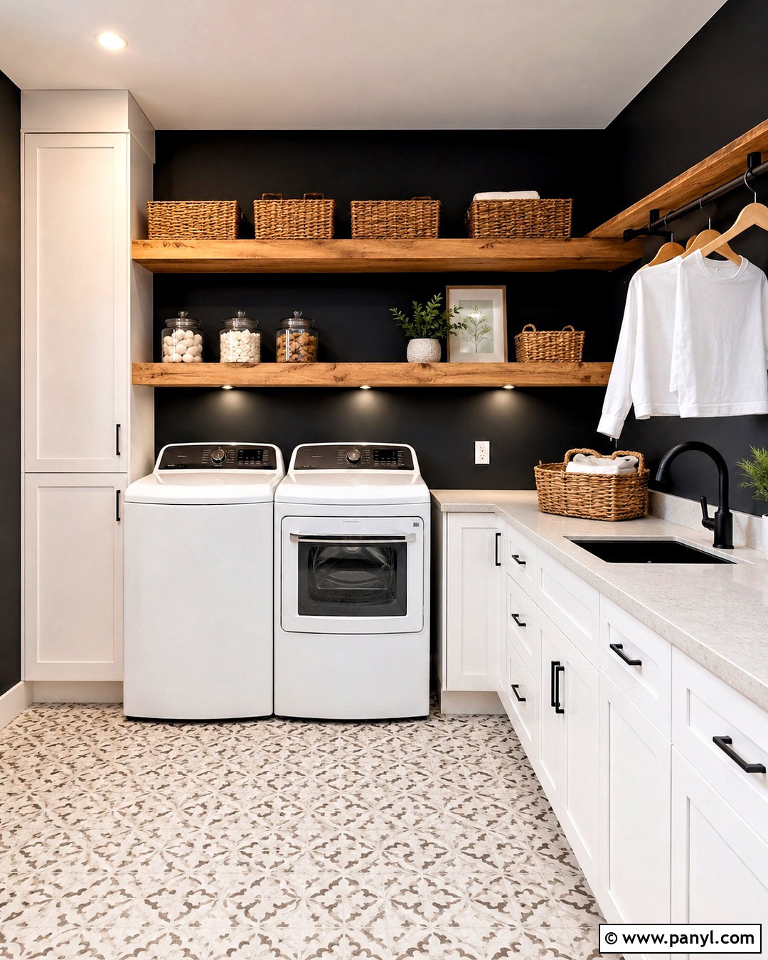 Black Wall Laundry Room With Open Shelves - 20 black wall ideas
