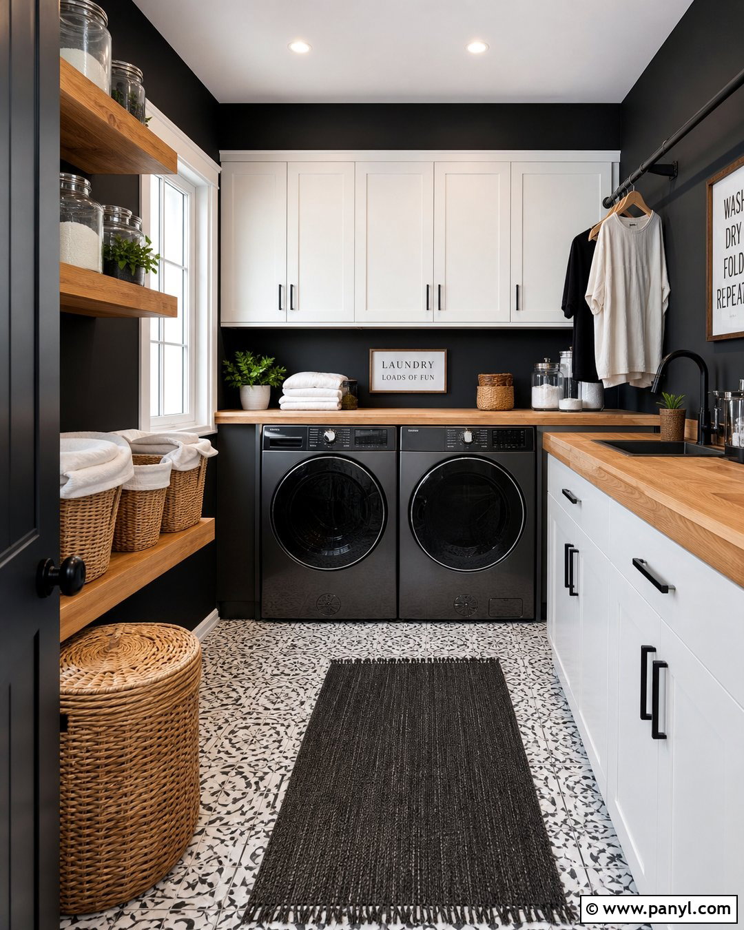 Black Wall Laundry Room With White Cabinets - 30 Black Wall Interior Ideas