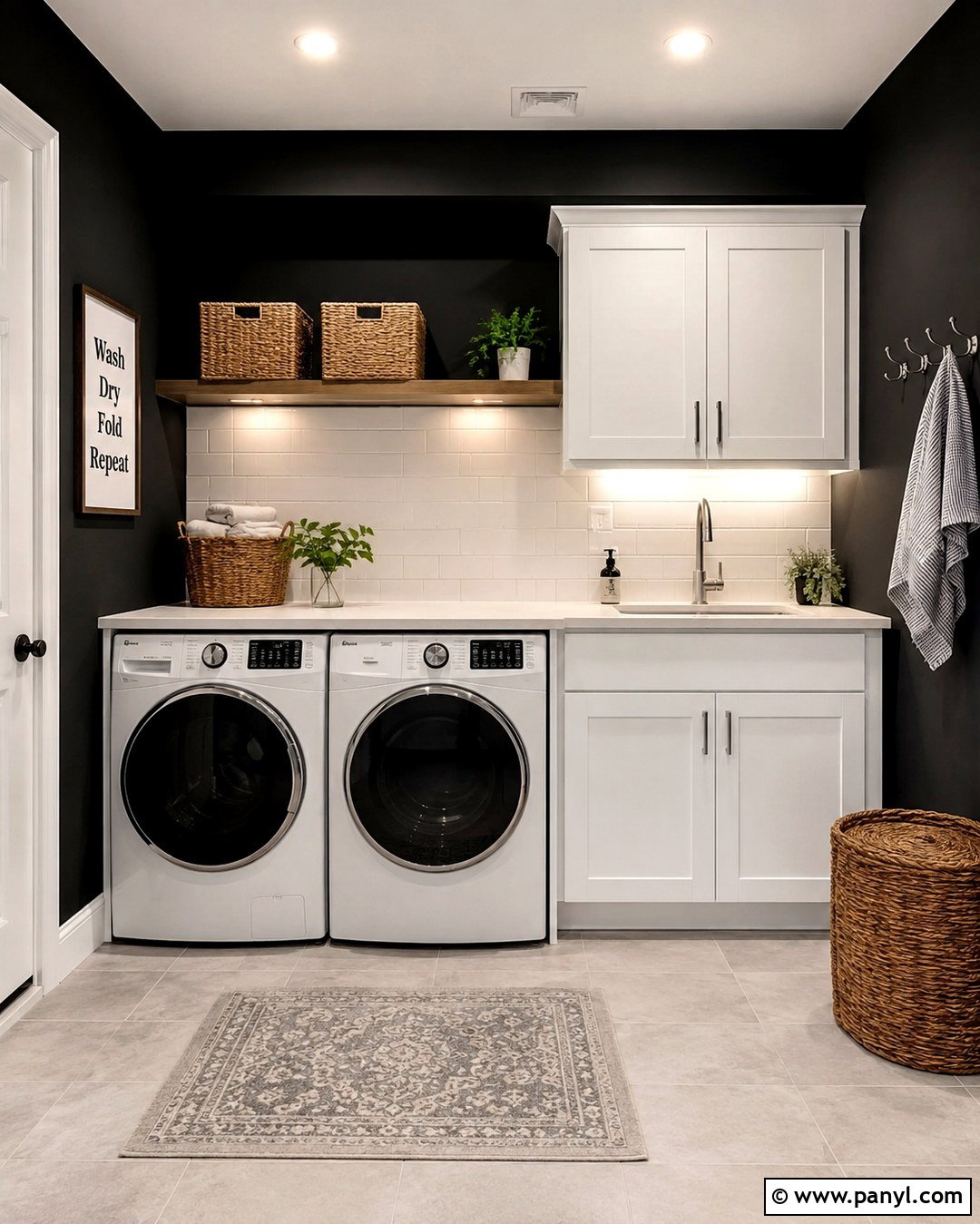 Black Wall Laundry Room With White Cabinets - 20 Dark Wall Laundry Room Ideas